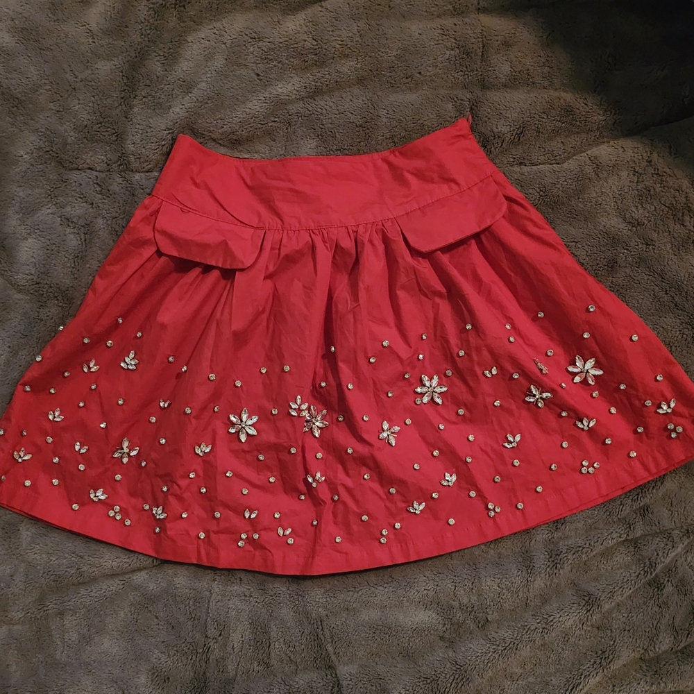 Red Embellished A-Line Skirt - Women's